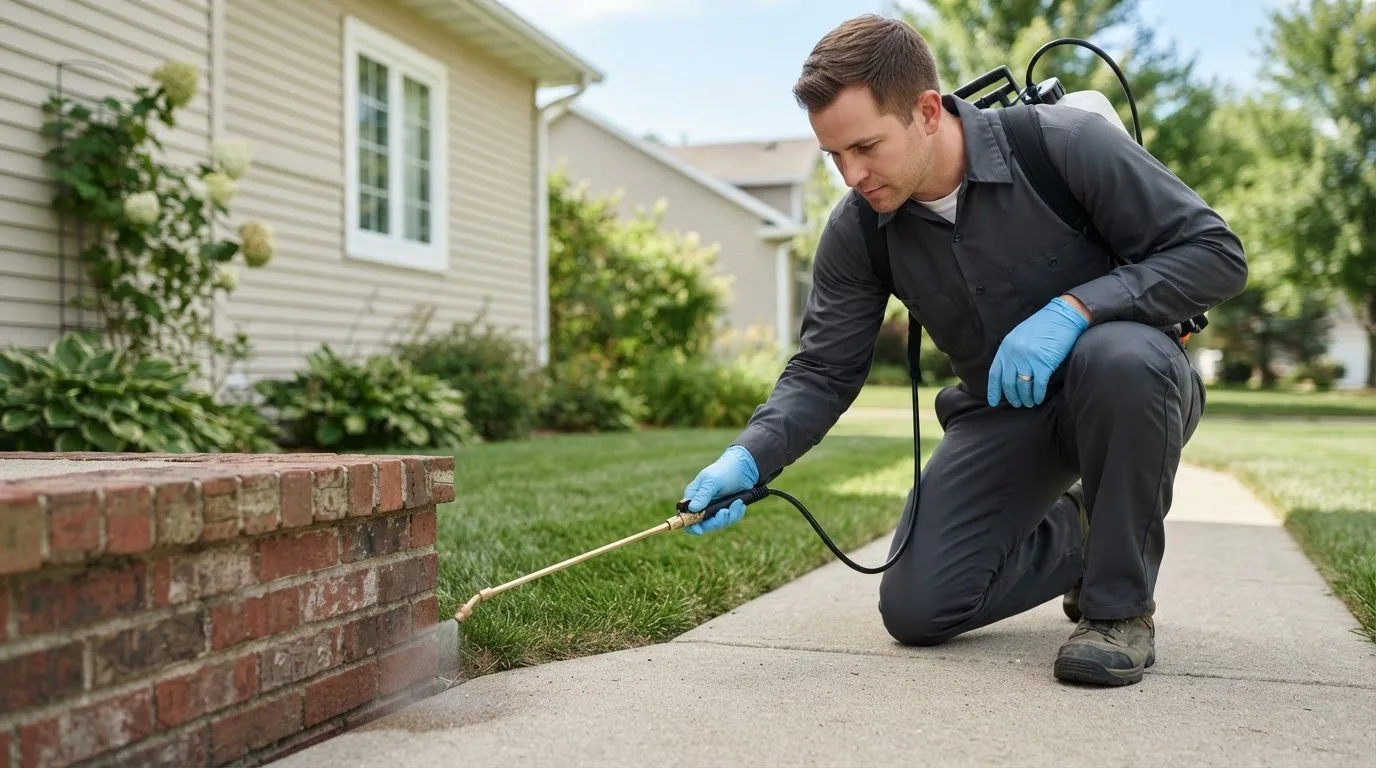 Pest control technician treating a home near Vershire, VT